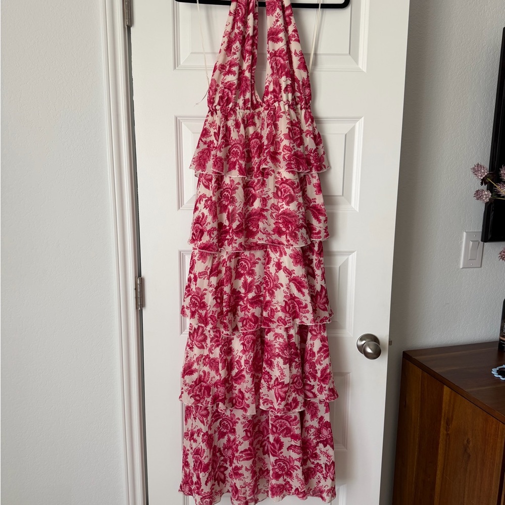 Aakaa Pink Floral Backless Tiered Halter Dress